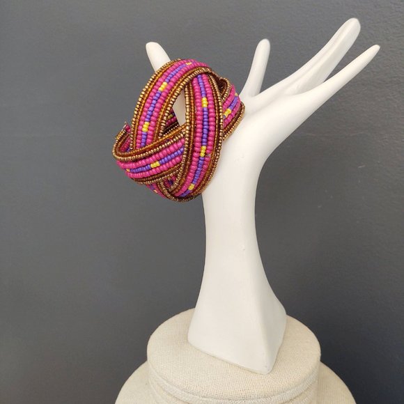 Purple, pink, yellow and metallic seed bead cuff - Picture 2 of 11